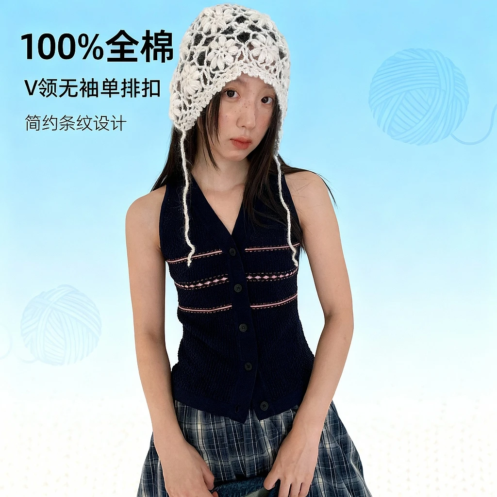 十三行早秋25秋简约条纹全棉单排扣v领无袖针织背心女F6257