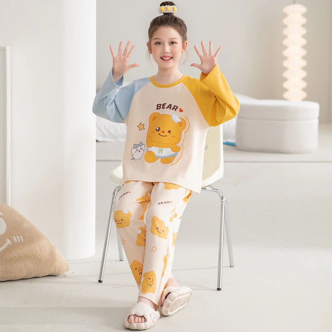 儿童纯棉睡衣春秋季长袖女孩卡通居家套装中大童透气家居服22840