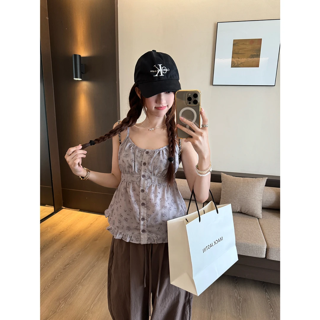 纯欲甜辣碎花吊带娃娃衫上衣+廓形伞兵工装裤百搭工装裤套装女潮