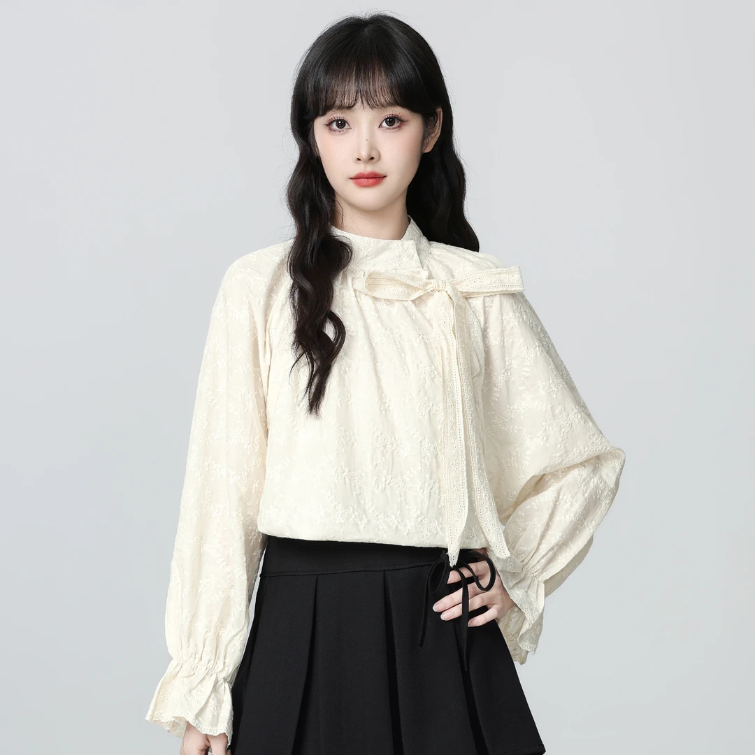法式杏色蝴蝶结长袖衬衫女秋2025春秋新款设计感提花刺绣衬衣上衣