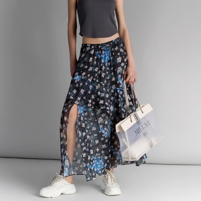 U/TI【热卖单品】度假风高定雪纺设计师款侧拉链透气时尚碎花半身裙