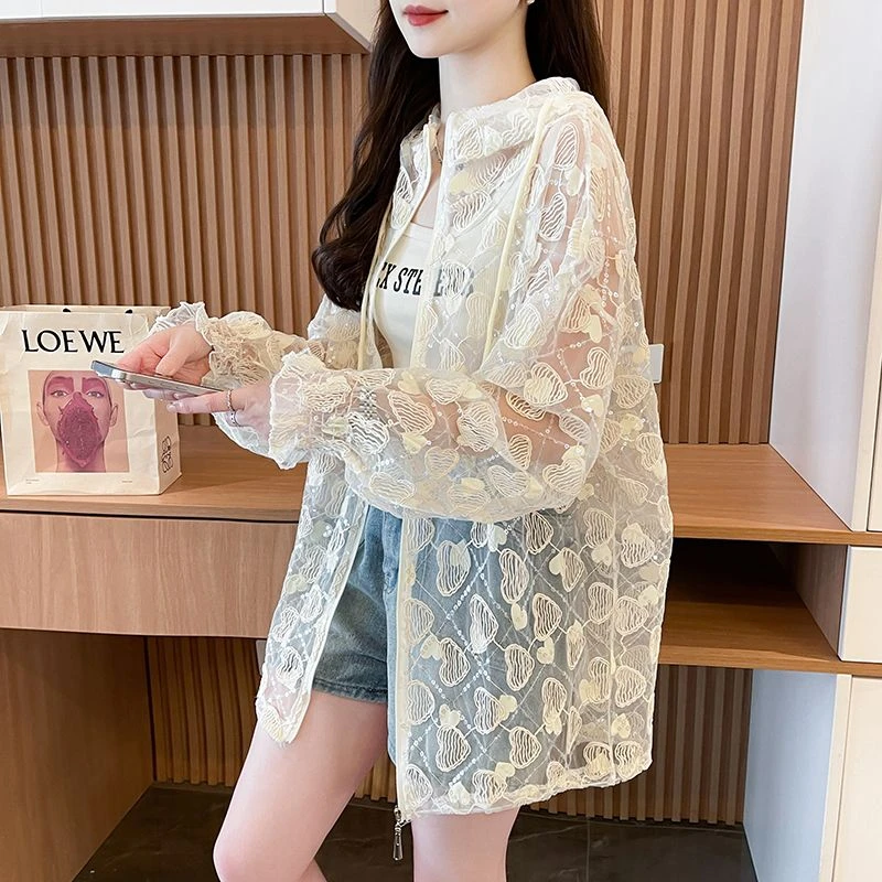 夏季蕾丝连帽防晒衣女韩版百搭休闲镂空薄款宽松透气遮阳开衫外套