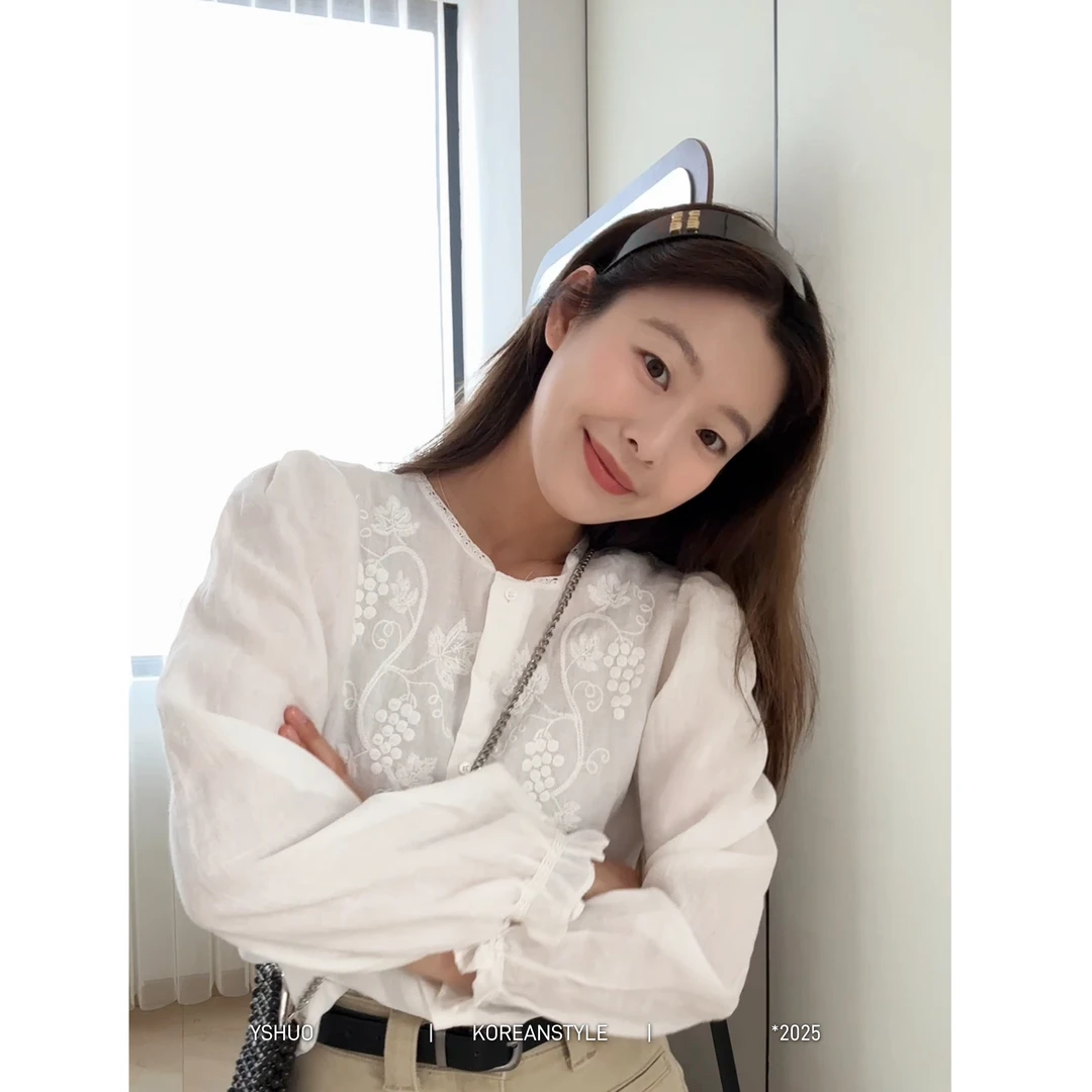 YSHUO【白茶情书】春夏气质圆领微透刺绣甜美蕾丝上衣 8776