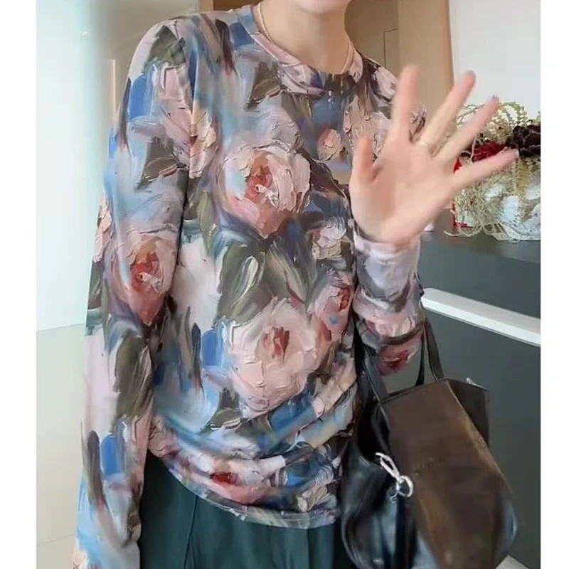 【油画玫瑰】网纱圆领长袖春夏薄款防晒罩衫设计感宽松上衣-2673