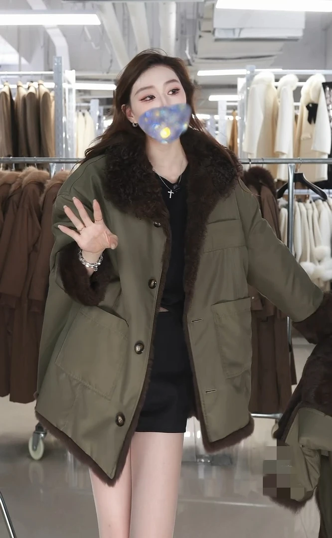 派克服女秋冬新款加厚翻领休闲时尚中长款百搭保暖棉服毛毛外套