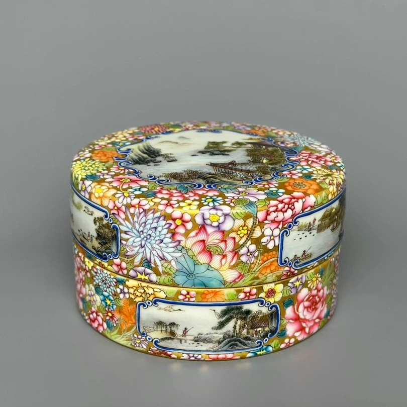 纯手工手绘 御窑陶瓷金地万花 山水楼阁开窗 首饰盒摆件