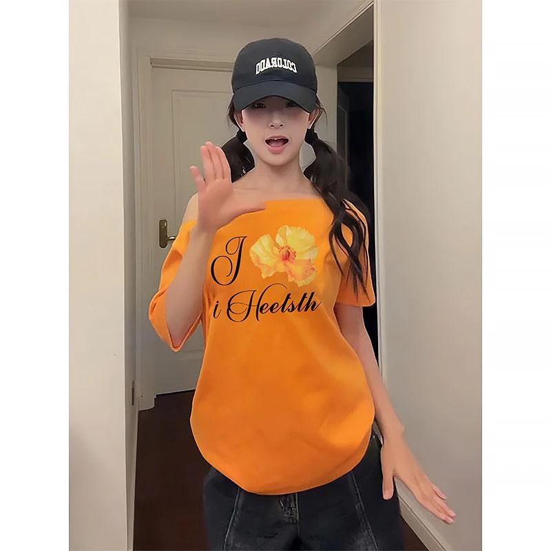 美式复古花朵字母印花斜肩短袖T恤女夏季甜酷多巴胺洋气百搭上衣