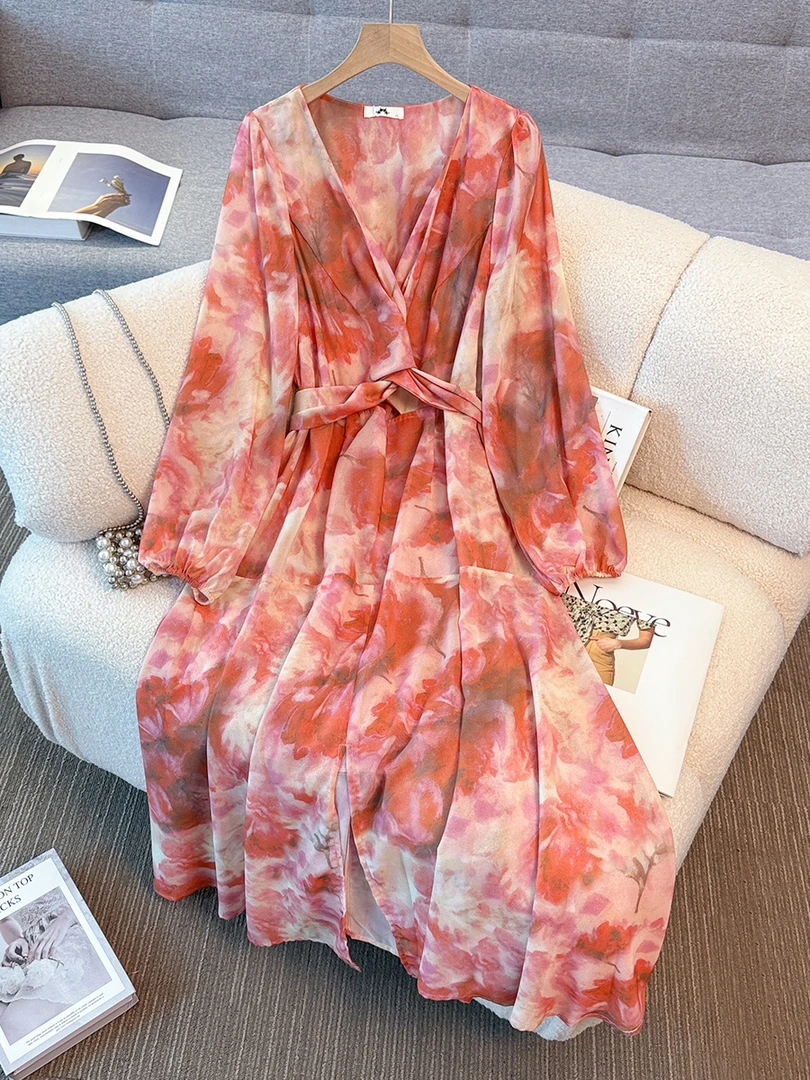 YH-30018大码女装胖mm法式V领长袖碎花连衣裙春秋新款气质优雅风