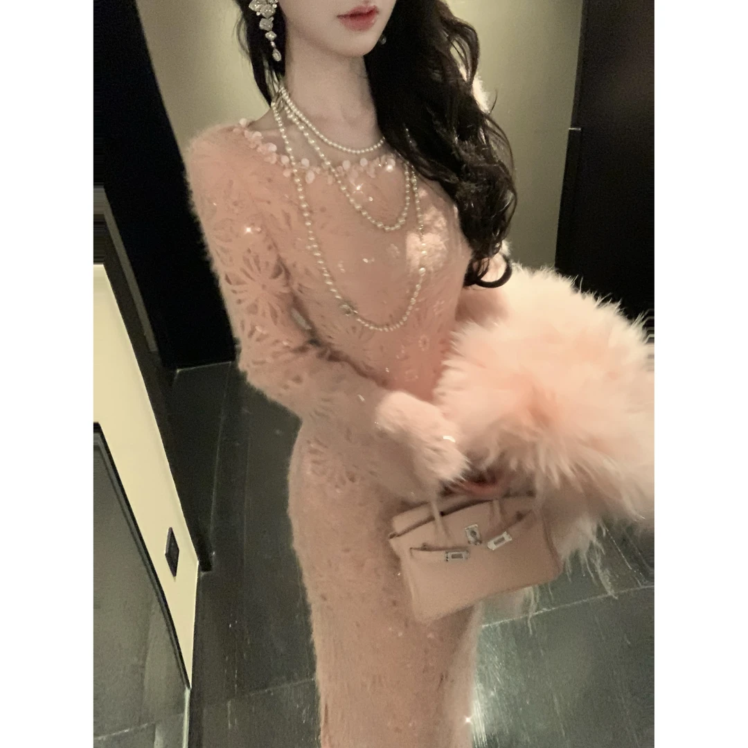 【雅乔定制】含情脉脉 亮片蕾丝镂空钩花毛织两件套装DYCC-25088379