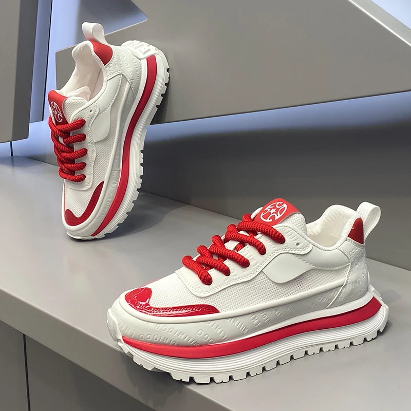 okkdey男鞋秋季时尚百搭厚底低帮老爹鞋网布透气增高系带休闲鞋