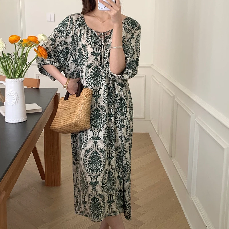 新中式碎花睡衣长袖棉绸睡裙女春夏季宽松中国风绵绸夏大码家居服