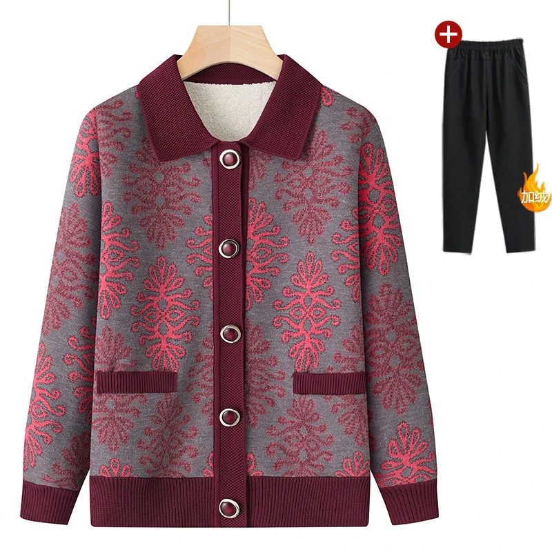 2025中老年女装针织开衫奶奶装春秋加绒老人妈妈上衣秋冬毛衣外套