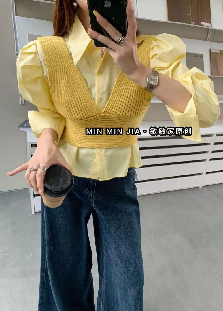 小仙衣橱针织＋衬衫长袖常规泡泡袖四季通用衬衫拼接宽松polo气质