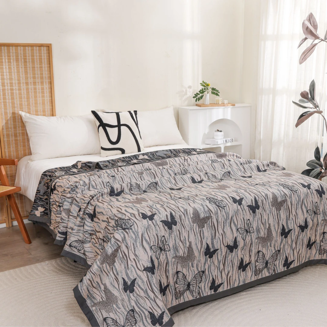 【青！孤品尾货！】汉麻多功能多层纱布盖毯200*230--蝴蝶印花