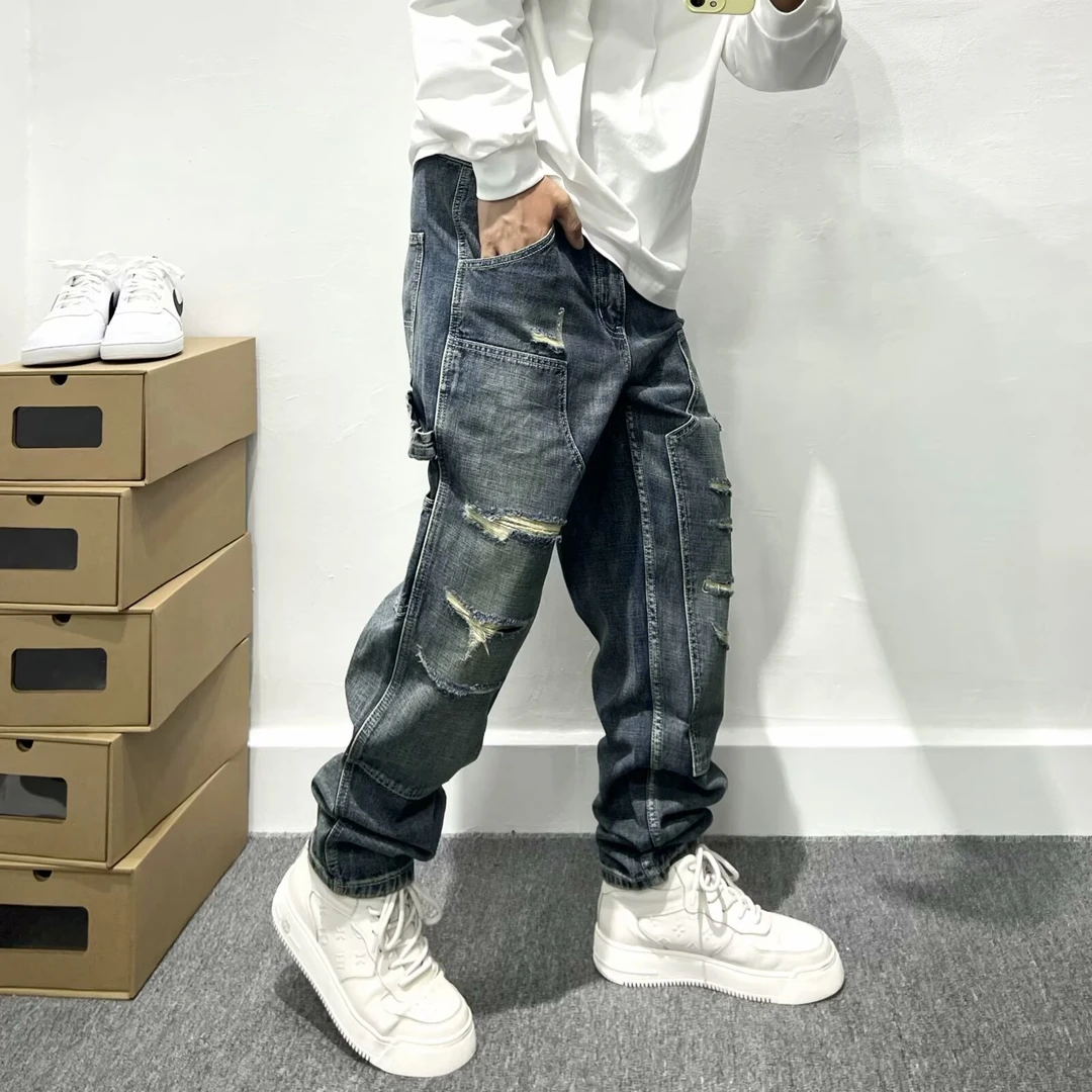 潮牌复古破洞补丁工装牛仔裤男春秋美式高街宽松小直筒长裤男裤子
