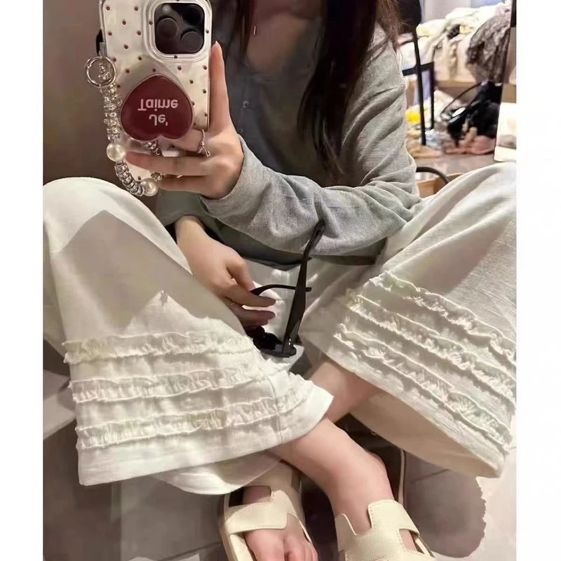 夏日松弛感木耳花边亚麻裤女梨形身材百搭松紧高腰阔腿九分休闲裤