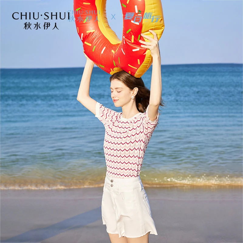 【赵老板】秋水伊人粉红条纹针织衫女圆领上衣624204A100338