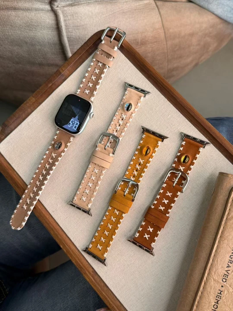 手工缝线鹿茸皮质适用于苹果手表applewatch复古风格表带