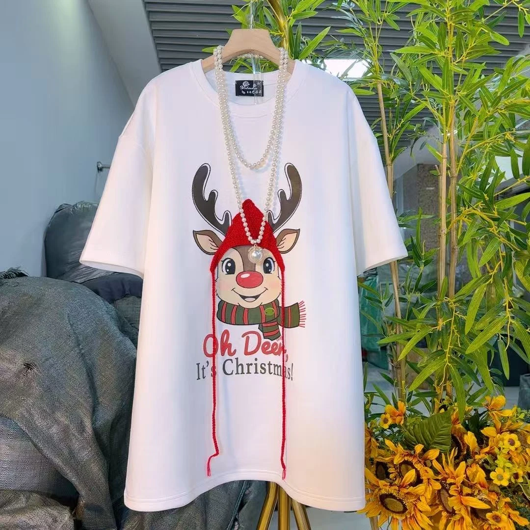 新款时尚卡通贴布长款T恤半袖宽松遮肉圆领短袖潮流个性百搭85292