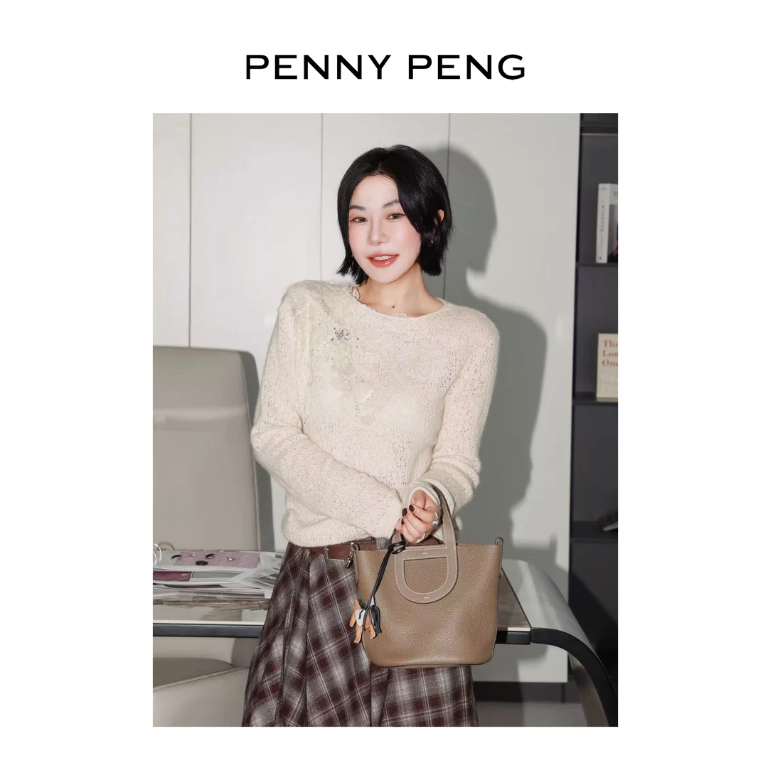 PENNYPENG 繁花如梦 100山羊绒长袖针织衫温柔风蕾丝拼接气质上衣