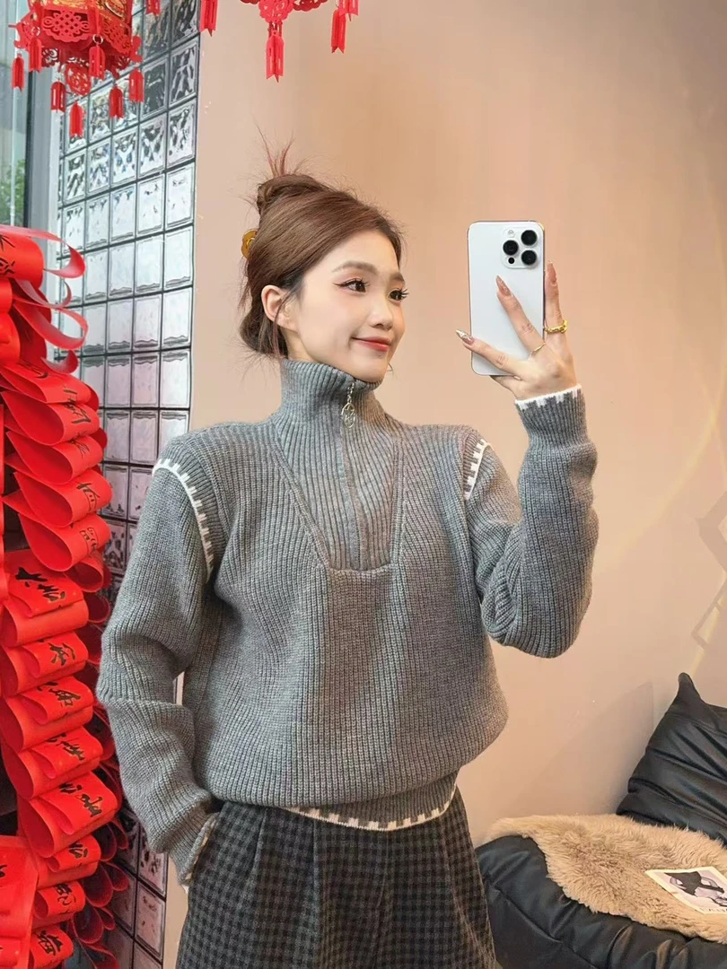 韩系半拉链高领毛衣女2024秋冬内搭外穿慵懒风短款针织上衣女8396