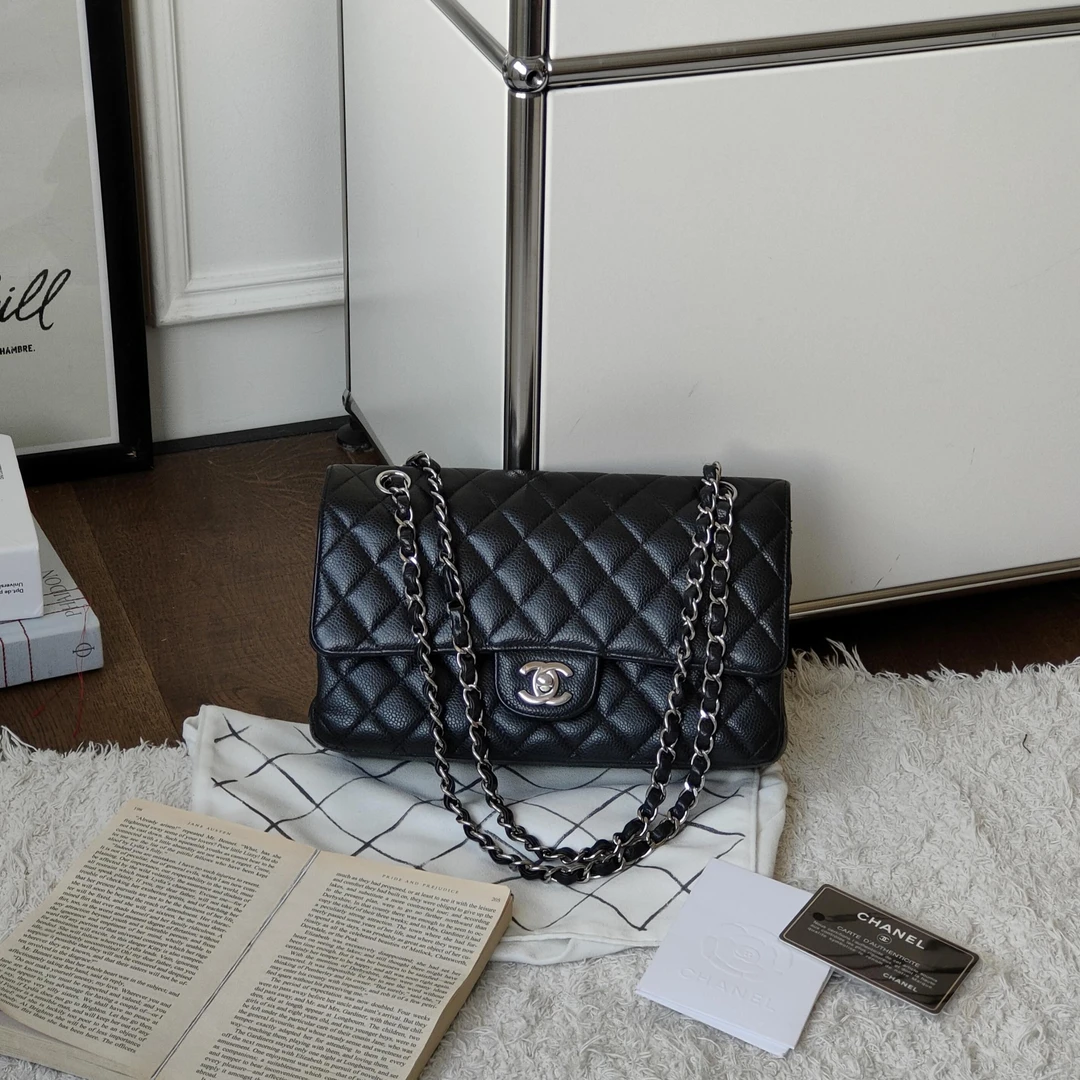 99新 Chanel/香奈儿 Azul-黑银荔枝牛皮cf中号单肩包 37207 通勤