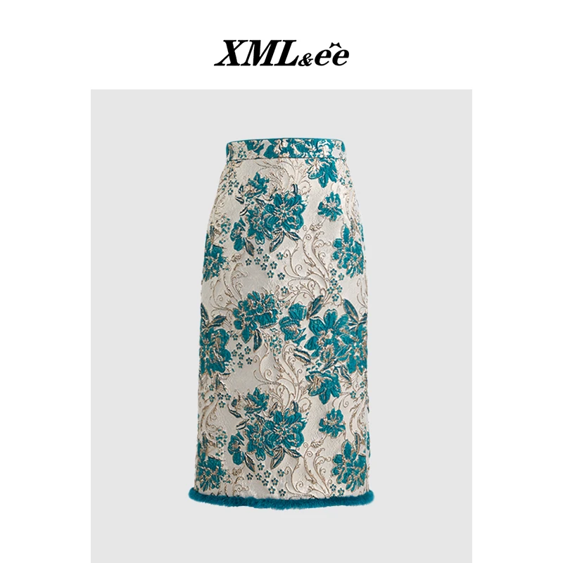 XMLee艾米尔 松石绿手工刺绣提花国风高腰半身裙 X445Q5372