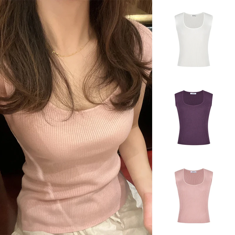 Moses Queen/魔西女王粉色百搭甜美正肩收腰纯色修身针织短袖上衣