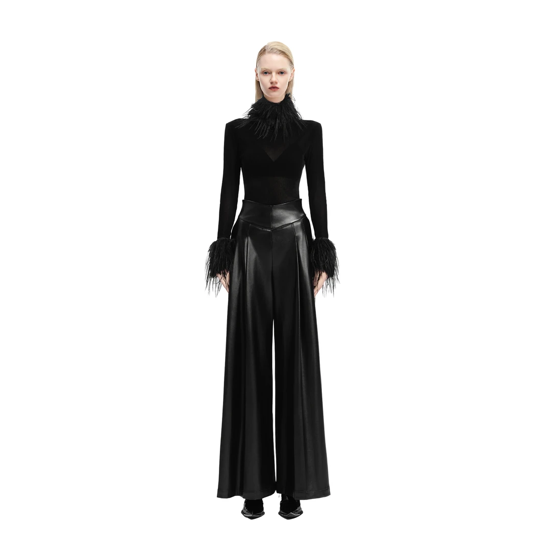 KUNSWEAR/琨丝薇尔25WI 时尚气质高腰皮裤褶皱阔腿长裤 838005170