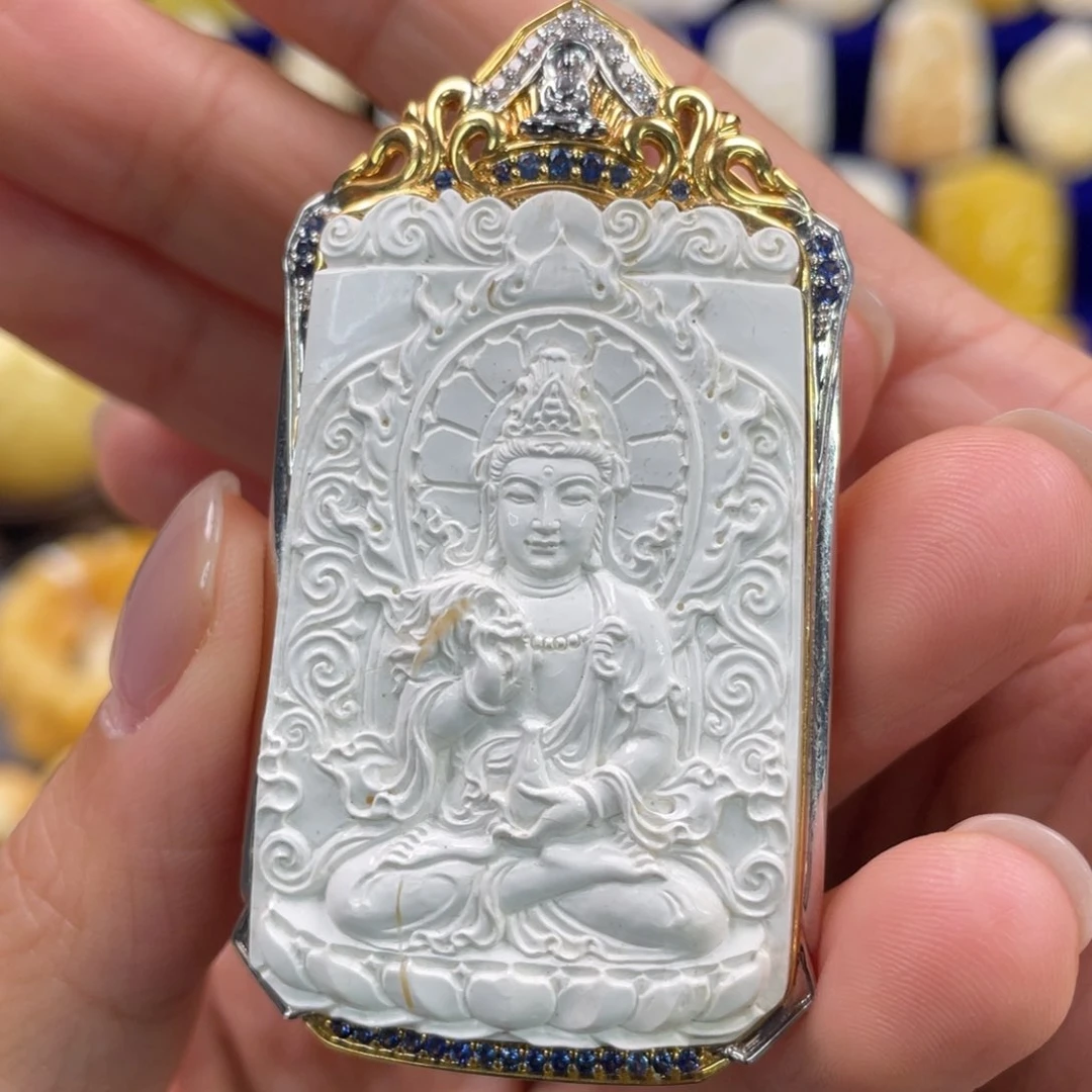 蜜蜡裸石18K金镶嵌琥珀蜜蜡雕刻观音