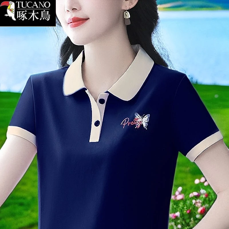 啄木鸟新款韩版女装T恤2025年夏季POLO领纽扣设计感撞色短袖上衣