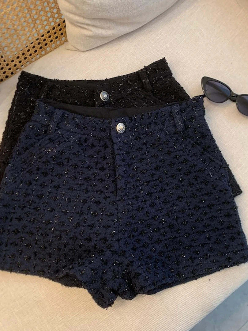 小香风亮晶晶藏青色包臀热裤女秋冬新款毛呢加厚A字短裤休闲裤子