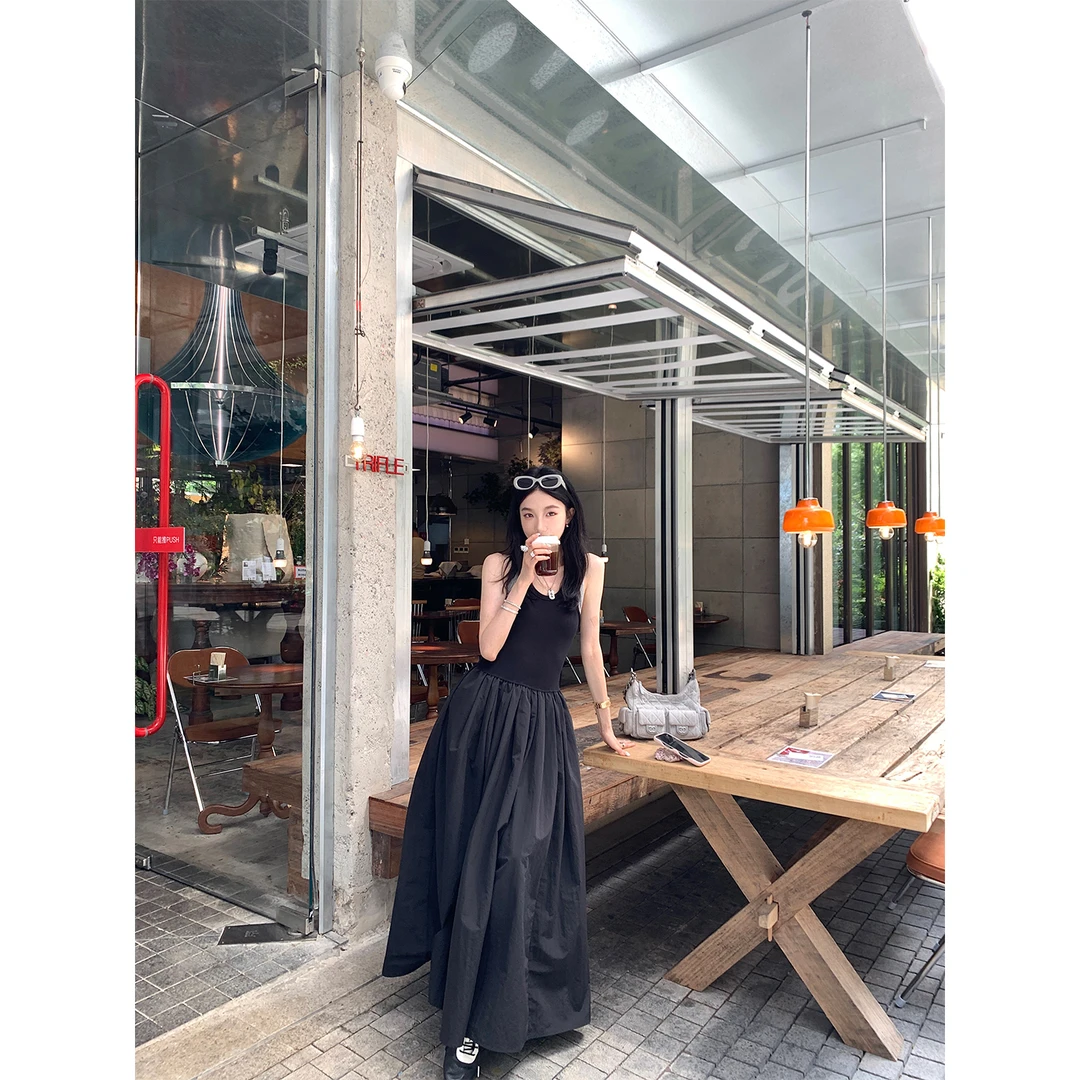 区区欧阳 假两件背心连衣裙女夏季拼接A字伞裙收腰显瘦无袖裙子