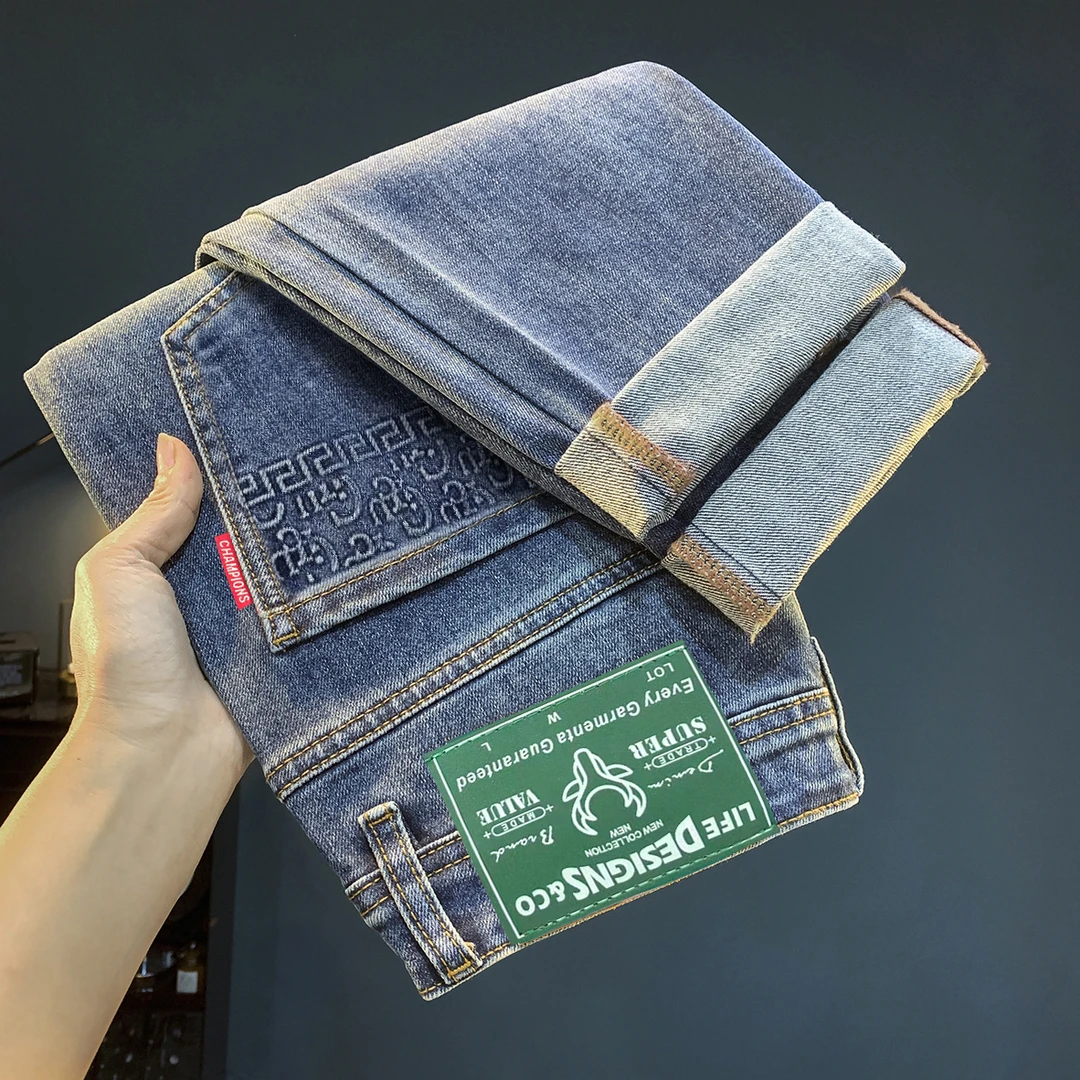 2025秋冬轻奢潮牌牛仔裤男士蓝色百搭弹力美式休闲水洗复古长裤男