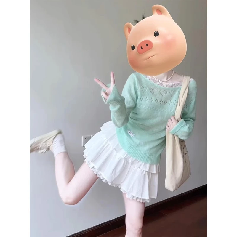 薄荷曼波蕾丝拼接镂空T恤女2025春季新款设计感针织防晒罩衫上衣