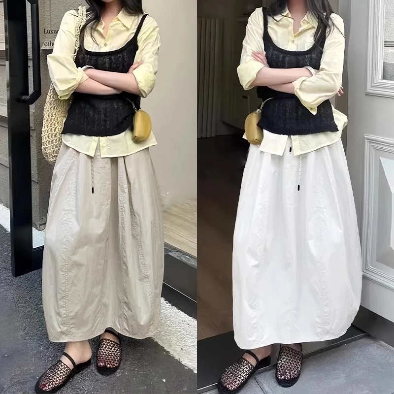 速干山系工装半身裙女夏季新款高腰蓬松南瓜裙抽绳a字显瘦中长裙