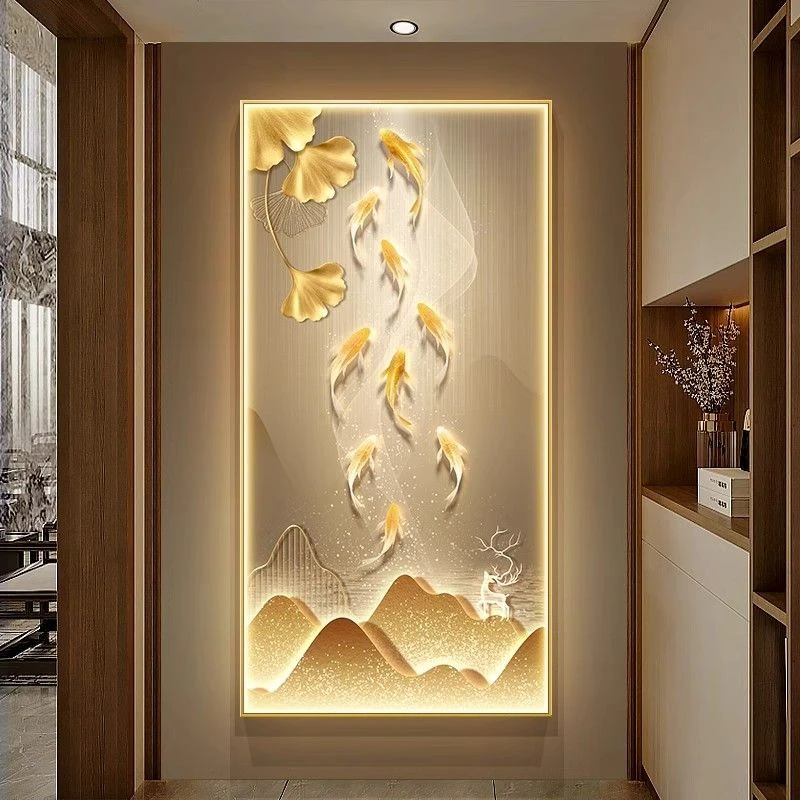 入户玄关装饰画现代轻奢九鱼聚财挂画走廊过道壁画高档LED灯画