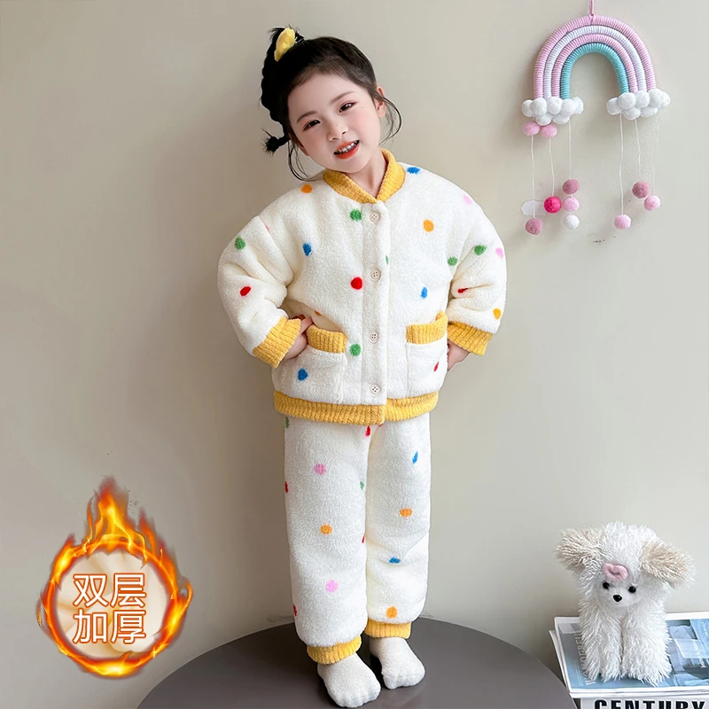 儿童冬装睡衣法兰绒儿童双层加厚家居服套装女宝宝加绒保暖两件套
