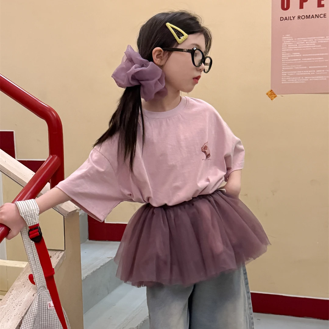 LJ-71917-TBB花与寻Kids女童T恤2025年夏季新款胸口印花纯棉短袖