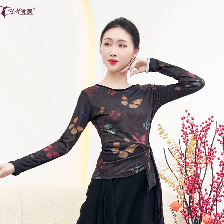 古典舞印花修身绑带长袖上衣成人中国风古典舞民族舞服装练功服女