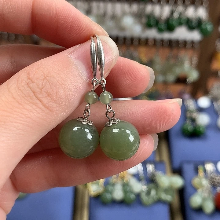 和田玉银S925镶嵌耳饰12左右晴水绿