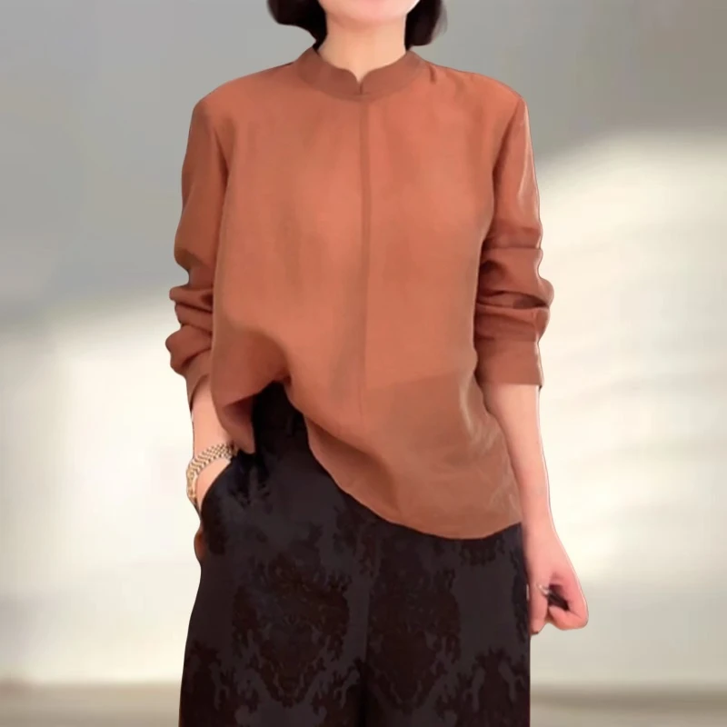 小众简约风纯色立领衬衫女早秋轻薄透气防晒宽松显瘦遮肉百搭上衣