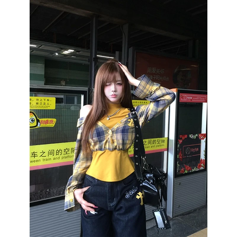 SYJ/舒衣家 美式甜辣妹格纹拼接露肩上衣女秋高腰显瘦阔腿裤套装