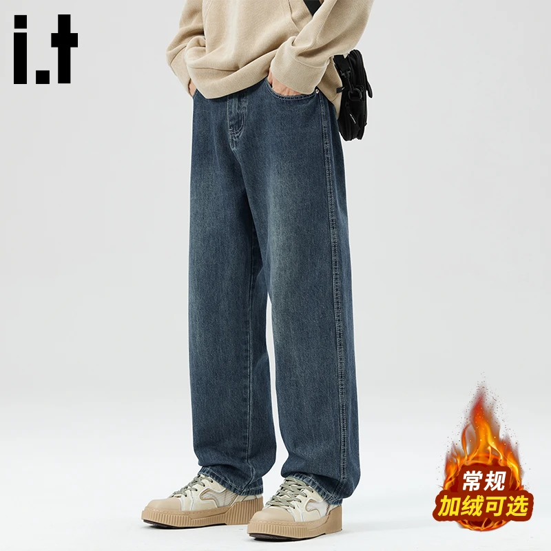 i.t:CHOCOOLATE加绒加厚牛仔裤男士秋冬季潮牌宽松休闲百搭直筒裤