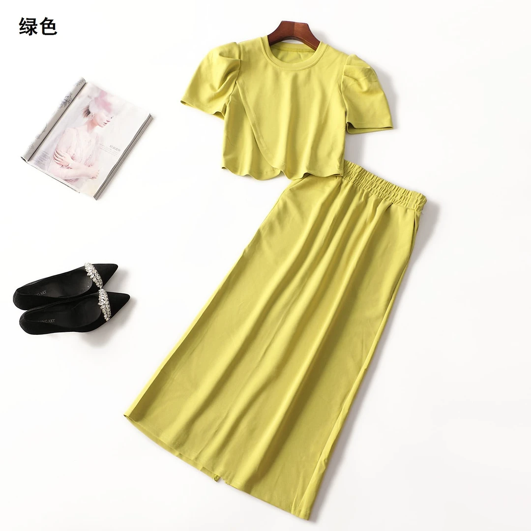 246733夏长款短袖休闲韩版套头上衣半身裙套装夏季长裙女装绿色