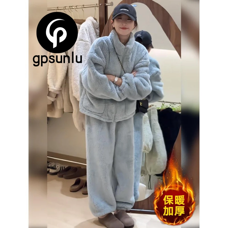 GPsunlu暖呼呼慵懒风双面绒家居服秋冬保暖加厚法兰绒睡衣女款
