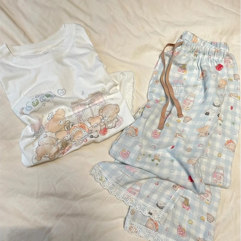 【卡通小熊】春夏季薄款蕾丝小熊印花短袖长裤可外穿家居服少女套装