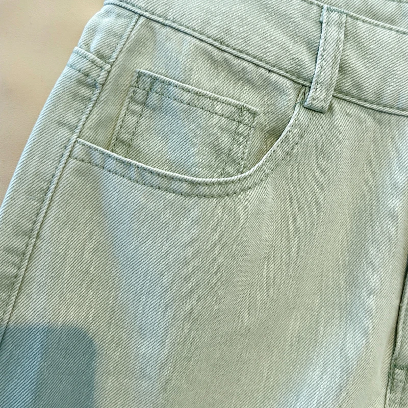 美式复古浅绿色卷边牛仔裤阔腿宽松2025爆款高腰显瘦九分直筒裤子