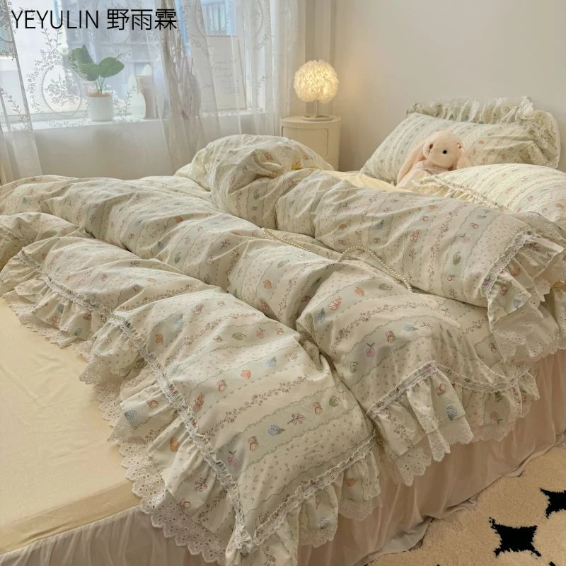 仙女款荷叶边全棉裸睡四件套公主风床裙款纯棉被套1.5m床上四件套