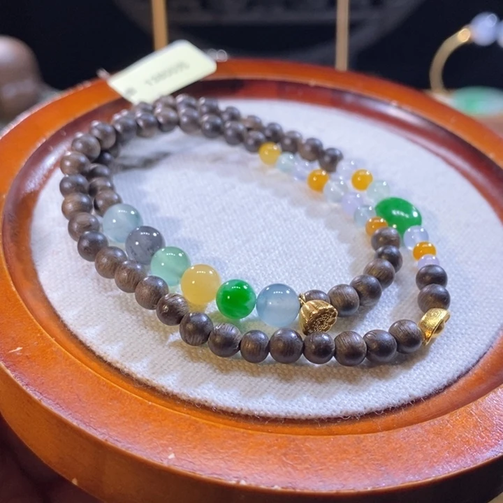 翡翠18K金镶嵌吊坠(不含链)翡翠冰彩双圈手串